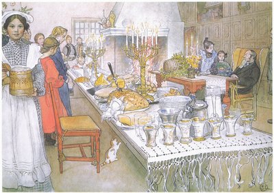 Na Štědrý den je obrovský dlouhý stůl ve velkém sále zcela pokrytý jídlem (barevná litografie). od Carl Larsson