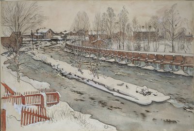 Dřevěný skluz. Zimní scéna. Ze sbírky „A Home“ (26 akvarelů) od Carl Larsson