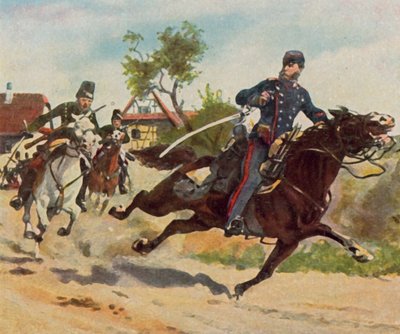 Průzkumná jízda hraběte Zeppelina u Schirlenhofu, 26. července 1870 (vylepšená barevná litografie) od Carl Ludwig Friedrich (after) Becker