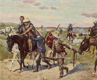 Smrtelné zranění Hendrika Witboie v bitvě u Fahlgrasu, 29. října 1905 (barevná litografie) od Carl Ludwig Friedrich (after) Becker