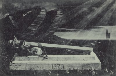 Vítězný spojenecký tank z první světové války projíždí kolem hrobky francouzského kavaleristy z prusko-francouzské války. (litho) od Carl Ludwig Friedrich Becker