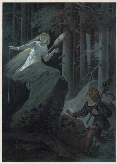 Poplatek utíkající se zlatým vřetenem zpíval osud zlatého knoflíku. Ilustrace Carl Oftterdinger (1829-1889) v „“ Bouton d