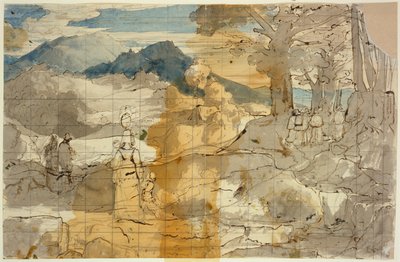 Landschaft bei Rocca Canterano mit einer Frau mit Kindern, Hirten und Pilgern od Carl Philipp Fohr