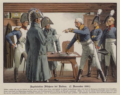 Polní maršál Blucher se vzdává Francouzům v Katekau, 7. listopadu 1806 (barva litho) od Carl Röchling