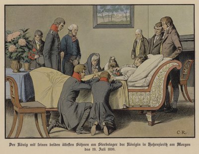 Pruský král Fridrich Vilém III. a jeho dva nejstarší synové vedle smrtelné postele královny Louise ráno 19. července 1810 (barva litho) od Carl Röchling