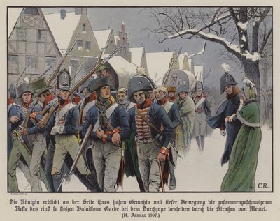 Zbytek pruské armády pochodující kolem krále Fridricha Viléma III. a královny Louise ulicemi Memelu od Carl Röchling