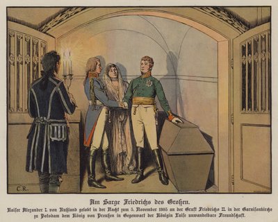 Ruský car Alexandr I. navštěvující hrobku Fridricha Velikého v Postupimi s králem Fridrichem III. a královnou Louise Pruskou a přísahající své neochvějné přátelství, 5. listopadu 1805 (barevně lito) od Carl Röchling