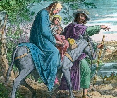 Útěk do Egypta. Biblická ilustrace (nedatovaná) od německého malíře Julia Schnorra von Carolsfeld (1794-1872). Datum vyobrazení: kolem roku 1900. Archiv Carla Simona od Carl Simon