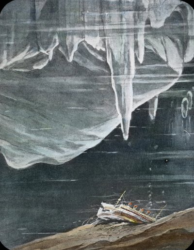 The maiden voyage of the Titanic 1912, Titanic disaster, ilustrace, potopení Titaniku, historie, historické, ilustrace, Carl Simon, ručně kolorované sklíčko od Carl Simon