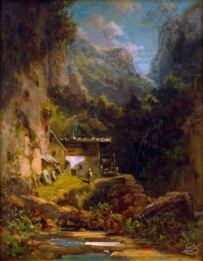 Mlýn v lesní rokli s postavou od Carl Spitzweg