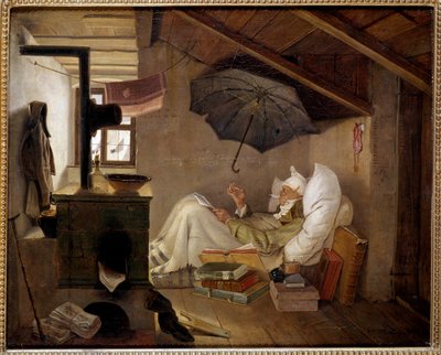 Chudák básník Starý muž leží na půdě. Obraz Carla Spitzwega (1808-1885) 1839. Rozm. 0,36 X 0,44 m Berlín, Altes Museum, Německo - Chudák básník. Starý muž upoutaný na lůžko v podkroví. Obraz Carl Spitzweg (1808-1885) od Carl Spitzweg