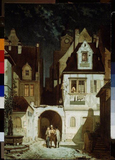 Roh německého města při měsíčním světle. Obraz Carla Spitzwega (1808-1885). Akvarel na papíře, 68,5 x 46,5 cm. Německé umění 19. století. Puškinovo muzeum výtvarných umění, Moskva. od Carl Spitzweg