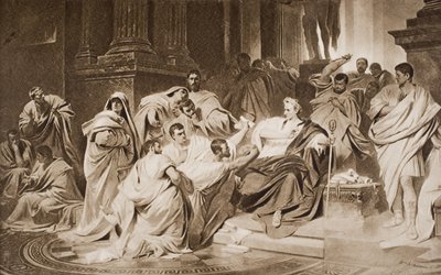 Vražda Caesara, ilustrace z knihy H. G. Wellse "Nástin dějin", I. díl, vydáno v roce 1920 (litografie) od Carl T. von (after) Pilotz