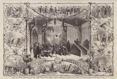 Scény z opery německého skladatele Wendelina Weissheimera Mistr Martin und Seine Gesellen (Mistr Martin a jeho druhové), uvedené v Grossherzoglichen Hoftheater, Karlsruhe, Německo (rytina) od Carl Thiel