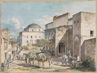 Street party v Aténách. S palácem Hadji Hazekis a mešitou Tzistarakis od Carl Wilhelm Heideck