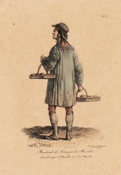 Obchodník se sýrem z Marolles z „Les cris de Paris“ kolem roku 1823-25 (litho) od Carle Vernet