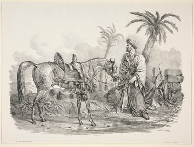 Sedící Arab držící uzdu arabského koně od Carle Vernet