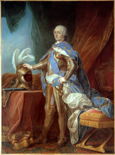 Portrét na nohou Ludvíka XV (1710-1774), v brnění, ruka umístěná na přilbě. Obraz Carle Van Loo (1705-1765), olej na plátně (271 x 193 cm) od Carle van Loo
