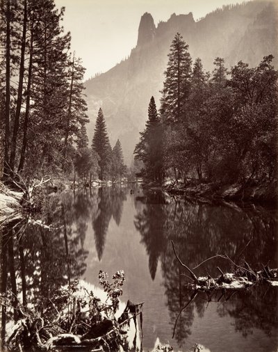 Zrcadlový pohled na Sentinel Rock, Yosemite, ca. 1872, vytištěno ca. 1876. od Carleton E. Watkins.