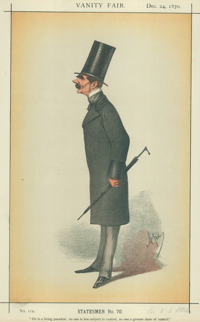 Sir H. K. Storks, Žije v paradoxu; nikdo není méně podřízen kontrole, nikdo není větším otrokem kontroly, 24. prosince 1870, karikatura Vanity Fair (barevná litografie) od Carlo (1839-89) Pellegrini