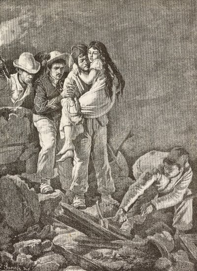Dívka je zachráněna poté, co se její dům zhroutil, zemětřesení Casamicciola, Itálie, rytina z kresby E Sanesi a malby Carla Ademolla (1824-1911), z L
