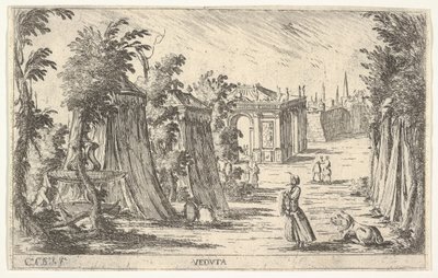 Pohled s mužem v turbanu a lvem stojícím vpravo, stany a klasickým architektem..., 1680-1710. od Carlo Antonio Buffagnotti