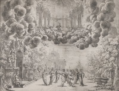 Scénický design s alegorickými postavami, z „Idey všech dokonalostí ... Piacenz ..., ca. 1690. od Carlo Antonio Forti