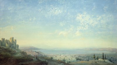 Smyrna z Citadely na hoře Pagus, poloostrov Cesme a zahrady Bornora s pobřežím Phocaea, 1839 (tempera na plátně) od Carlo Bossoli