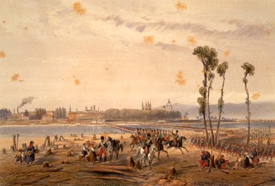 Francouzi projíždějící Sesia u Vercelli v roce 1859, Carlo Bossoli (1815-1884), rytina. Druhá válka za nezávislost, Itálie od Carlo Bossoli