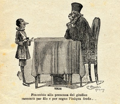 Pinocchio stojí před soudcem. Ilustrace Carla Chiostriho (1863-1839) k románu "Pinocchiova dobrodružství" od Carla Lorenziniho nebo Carla Collodiho (1826-1890) 1924. od Carlo Chiostri
