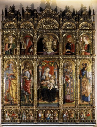 Polyptyc ukazuje Pietu a podřadná strana madonu s dítětem od Carlo Crivelli
