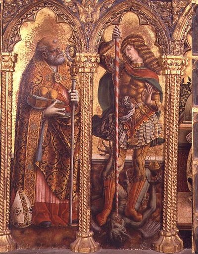 Mikuláš a sv. Michal, detail z polyptychu San Martino (tempera na panelu) (viz 76669) od Carlo Crivelli