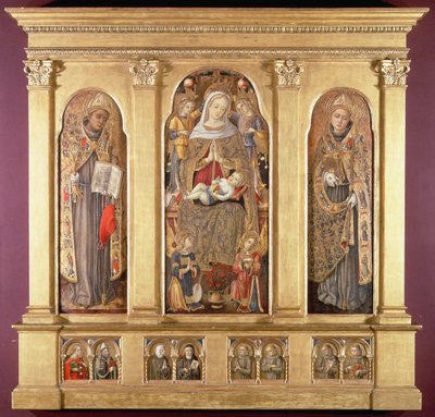 Panna a dítě se svatými Bonaventurou a Ludvíkem z Toulouse, kolem 1489 (tempera se zlatými a olejovými glazurami na panelu) od Carlo Crivelli