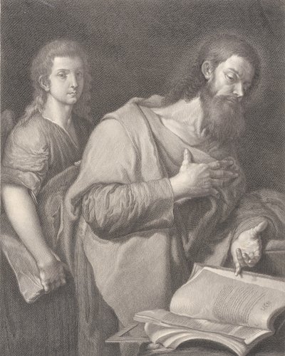Svatý Matouš, stojící vpravo před knihou s rukou na hrudi, jiný muž..., 1750-84 od Carlo Faucci
