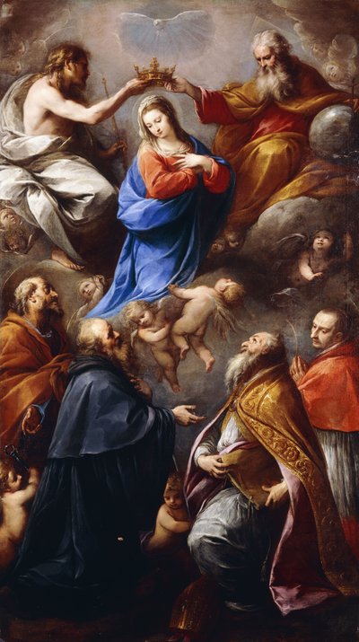 Korunovace Panny Marie se svatými Petrem, Pavlem, Ambrožem a Karlem Boromejským od Carlo Francesco Nuvolone