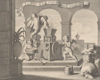 Sbírá nejkrásnější květinu Il più bella fior groglie ne, skupina šesti putti pracujících v ..., 1740-59 od Carlo Gregori