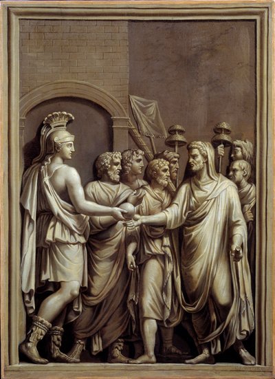 Starověký Řím: válečník a muž v tóze vyměňující si kouli. Malba Carla Labruzziho (1748-1818) podle nízkého římského reliéfu. Brest. Muzeum výtvarných umění od Carlo Labruzzi