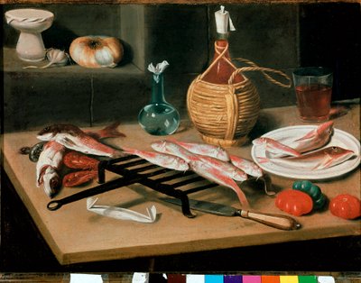 Still Life Table s grilovanými rybími talíři (parmice) a lahví vína (damigiana). Obraz Carlo Magini (1720-1806). Faenza, Pinacoteca comunale od Carlo Magini