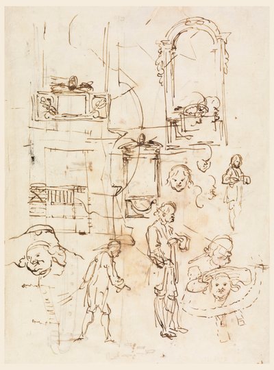 Kresba, architektonické a figurální skici, cca 1760 od Carlo Marchionni
