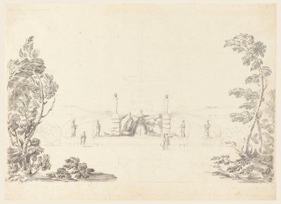 Kresba, náčrtek fontány v parku, 1740 od Carlo Marchionni