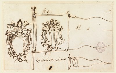 Kresba, Tři náčrty standarty papeže Benedikta XIV., 1740-58 od Carlo Marchionni