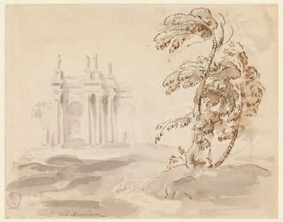Kresba, Strom v krajině se stavbou, 1756-78 od Carlo Marchionni