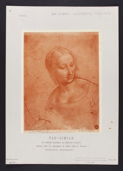 Studie eines weiblichen Büstenbildes, Zeichnung von Leonardo da Vinci (1452-1519) aus der Sammlung der R. Accademia di Belle Arti in Venedig; Tafel aus der Mappe: "Fac-simile dei disegni originali dei maestri classici esistenti nella R. Academia di Belle A od Carlo Naya