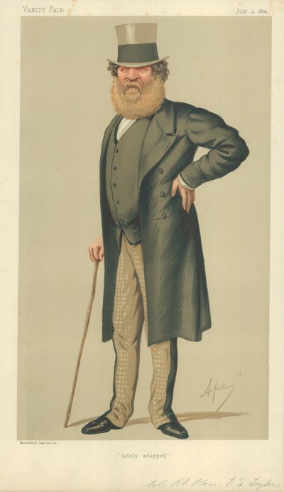 Plukovník The Right Hon Thomas Edward Taylor, v poslední době zbičován, 4. července 1874, karikatura Vanity Fair od Carlo Pellegrini
