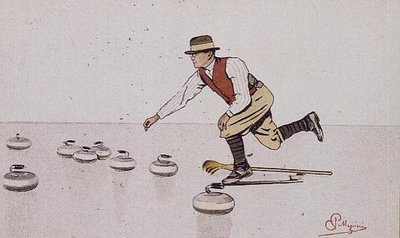 Muž vrhající kámen ve hře curlingu (barva litho) od Carlo Pellegrini