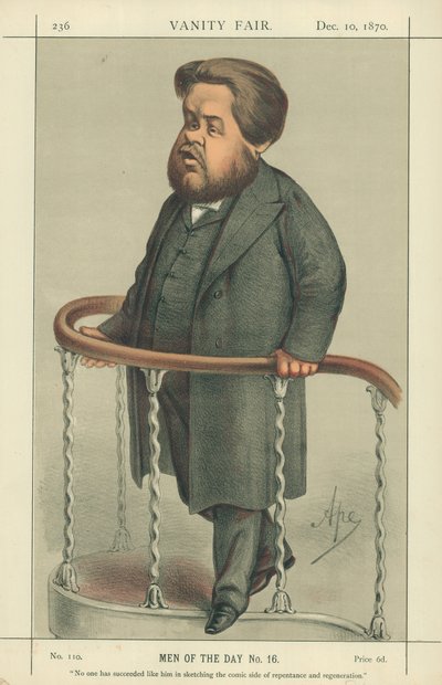 Reverend Charles Spurgeon, nikdo neuspěl jako on při načrtnutí komické stránky pokání a regenerace, 17. července 1880, karikatura Vanity Fair od Carlo Pellegrini