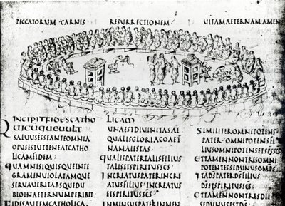 Ilustrace scény z jednoho ze žalmů, z Utrechtského žalmu, kopie originálu z Remeše nyní v knihovně Utrechtské univerzity (pero a inkoust) od Carolingian School