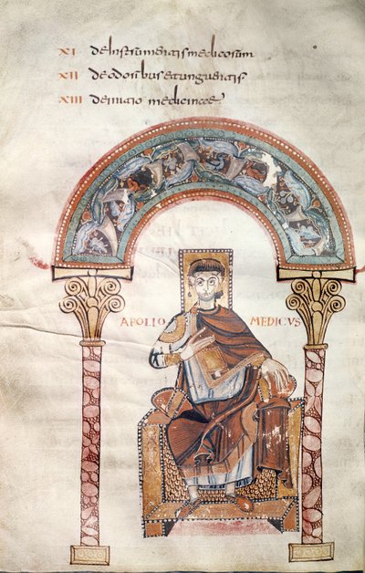 Ms CCII fol.91v Apollo Medicus, z Etymologiae od Isidora ze Sevilly od Carolingian School