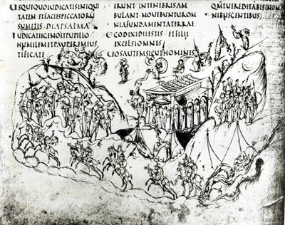 Různé scény ilustrující žalm z Utrechtského žaltáře, kopie originálu z Remeše nyní v knihovně Utrechtské univerzity (pero a inkoust) od Carolingian School