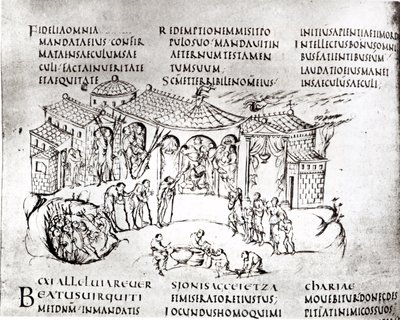 Různé scény ilustrující žalm z Utrechtského žaltáře, kopie originálu z Remeše nyní v knihovně Utrechtské univerzity (pero a inkoust) od Carolingian School
